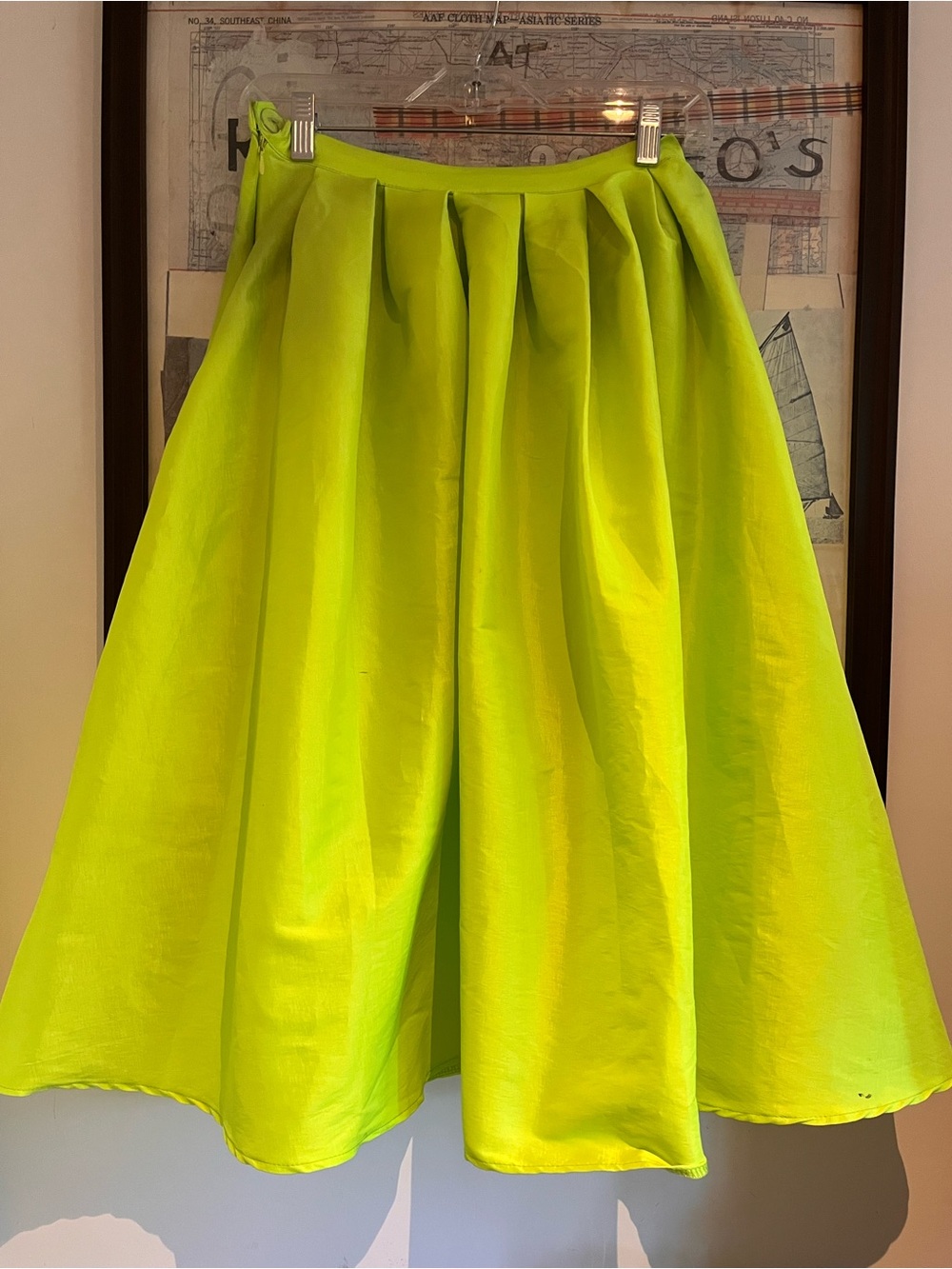 Vibrant Neon Lime Chartreuse Green Box Pleated Midi Structured Skirt XS/S